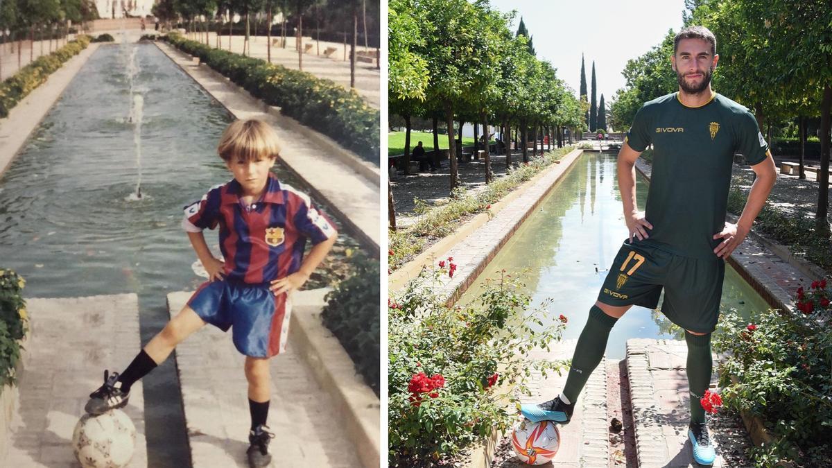 A la izquierda, un José Cruz de &quot;seis o siete años&quot; en el Jardín de los Poetas. A la derecha, el futbolista en la actualidad.