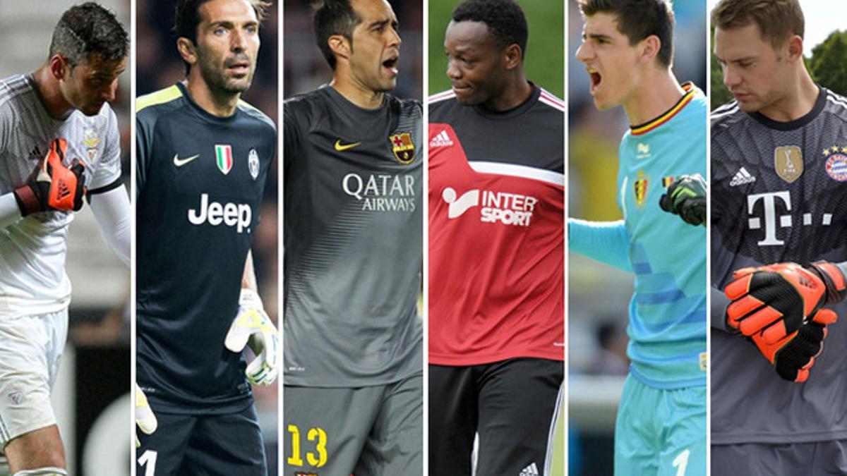 De izquierda a derecha: Artur Moraes (Benfica), Gianluigi Buffon (Juventus), Claudio Bravo (Barça), Steve Mandanda (Ol. Marsella), Thibaud Courtois (Chelsea) y Manuel Neuer (Bayern)