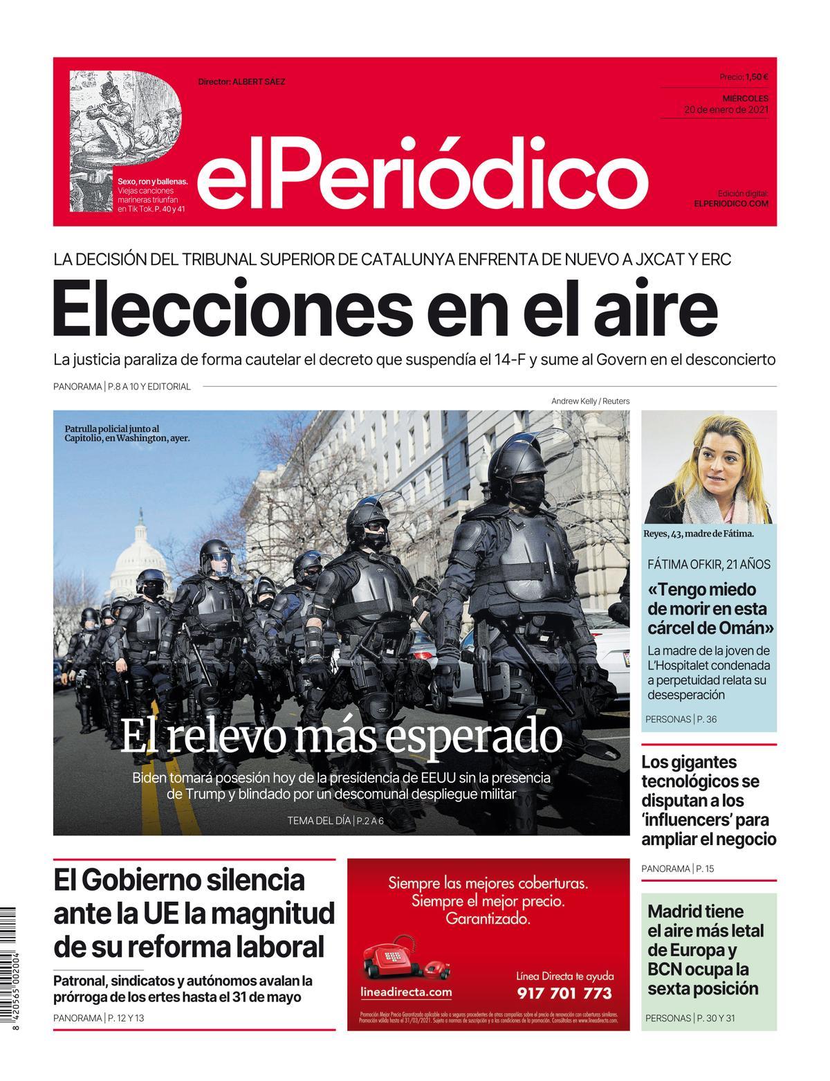 La portada d’EL PERIÓDICO del 20 de gener del 2021