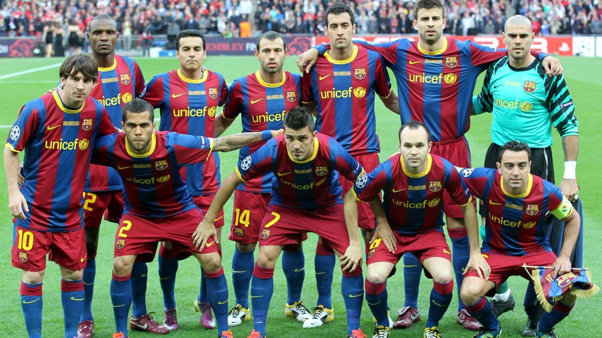 El 11 que presentó Guardiola en la final de la Champions 2010-11: Abidal, Pedro, Mascherano, Busquets, Piqué y Valdés (arriba, de izquierda a derecha). Abajo, mismo orden: Messi, Dani Alves, Villa, Iniesta y Xavi.