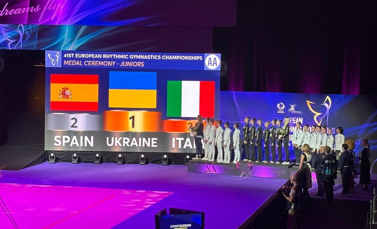 La Selección Española Junior de Gimnasia en el segundo puesto del podio del Campeonato de Europa.