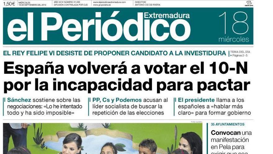 Esta es la portada de EL PERIÓDICO EXTREMADURA correspondiente al día 18 de septiembre del 2019