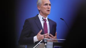 El secretario general de la OTAN, Jens Stoltenberg, durante la rueda de prensa que ha ofrecido este jueves en Bruselas.