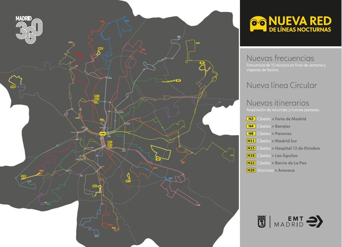Mapa de la nueva red nocturna de autobuses de la EMT.