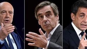 Los tres grandes favoritos en las primarias de la derecha francesa: Juppé (derecha), Fillon (centro) y Sarkozy.