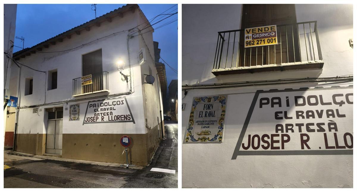 Fachada exterior del antiguo "Forn del Raval" de Xàtiva, con el anuncio de venta aún colgando.