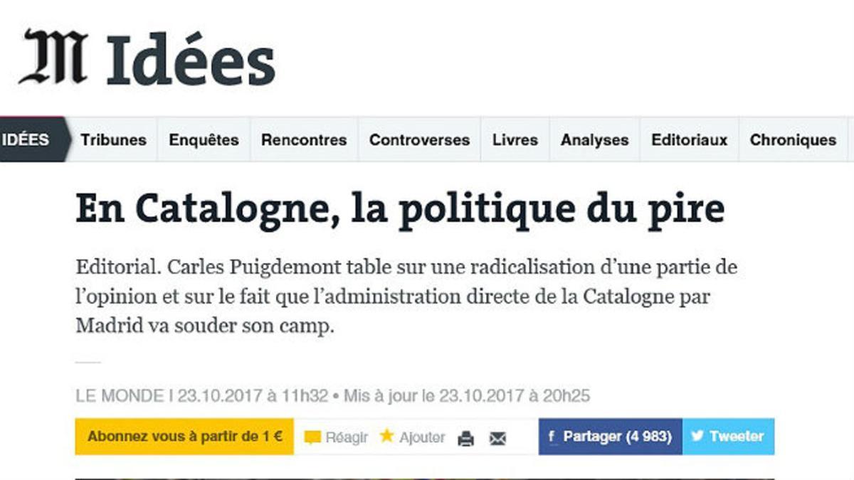 Captura del editorial de 'Le Monde' sobre Catalunya de este 23 de octubre.