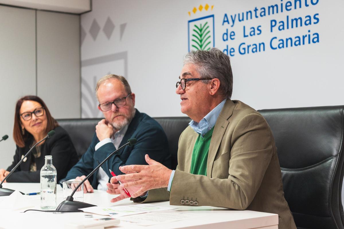 Los concejales Carmen Luz Vargas y José Eduardo Ramírez, junto al consejero de Empleo del Cabildo de Gran Canaria, Juan Díaz, durante la presentación del plan 'Ocúpate'..