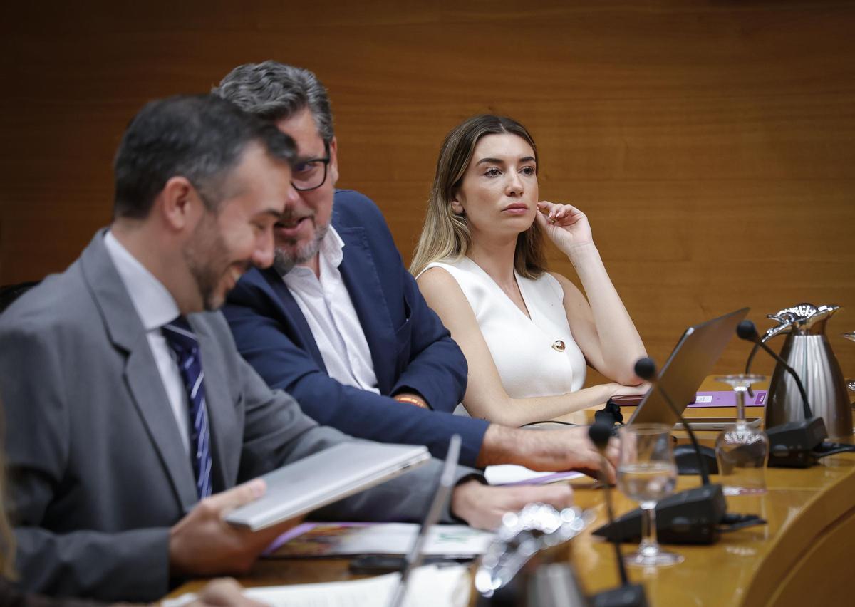 Miguel Pascual (Vox) y Javier Gutiérrez (PP) conversan con la también diputada Candela Anglés, del PP, de fondo.