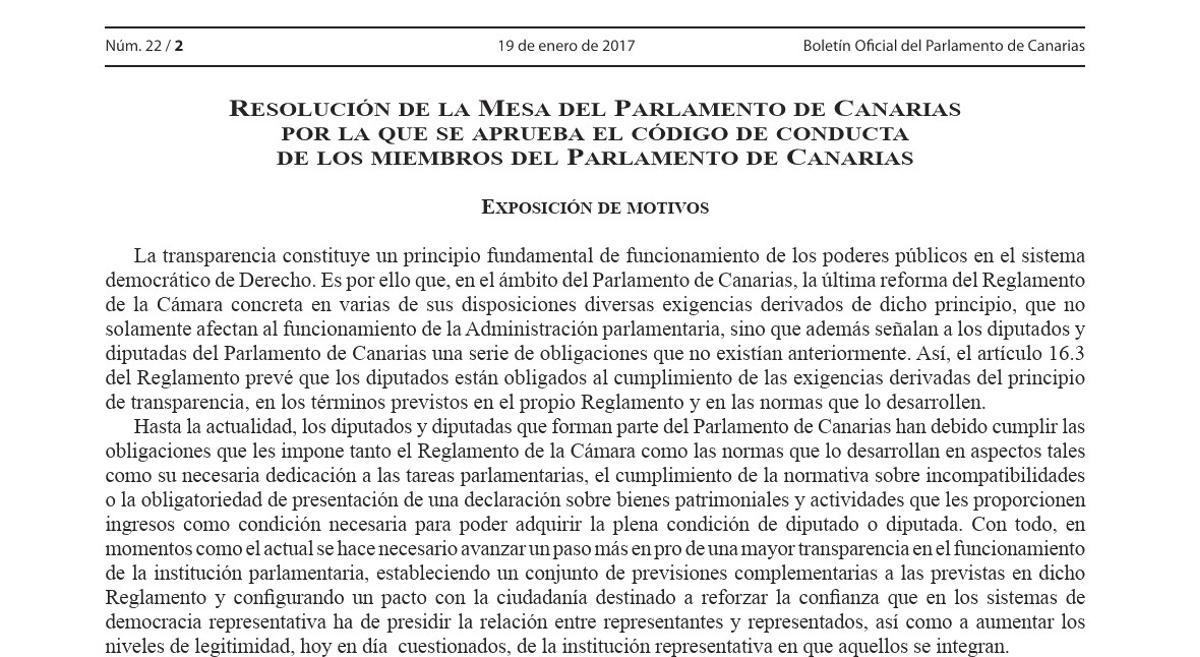 Exposición de motivos que explican la aprobación del Código de Conducta del Parlamento de Canarias aprobado en 2017.