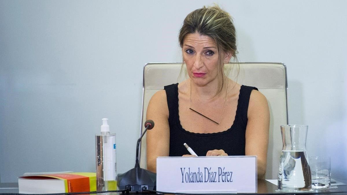 La ministra de Trabajo y Economía Social Yolanda Díaz clausura el 23 de julio del 2020 la presentación de la Memoria sobre la situación socioeconómica y laboral de Espana 2019, en Madrid.