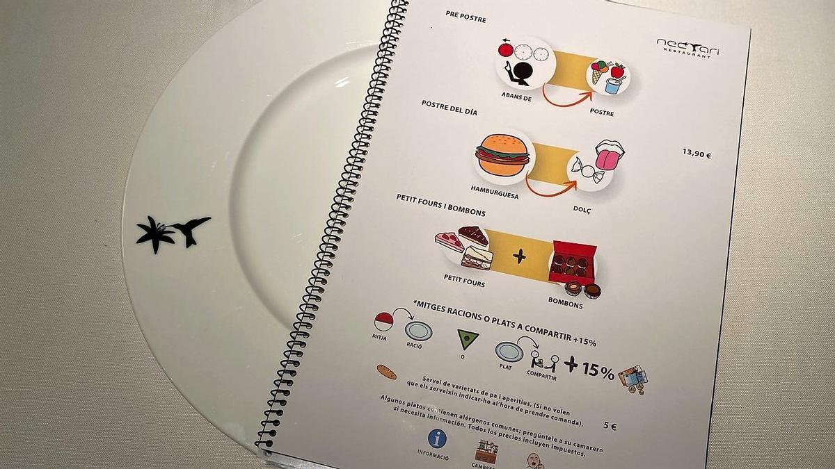 La última página de la carta adaptada a las personas con autismo, a base de pictogramas, del restaurante Nectari.