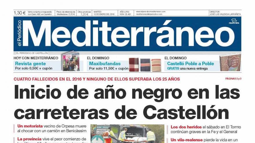 Inicio de año negro en las carreteras de Castellón, en la portada de Mediterráneo