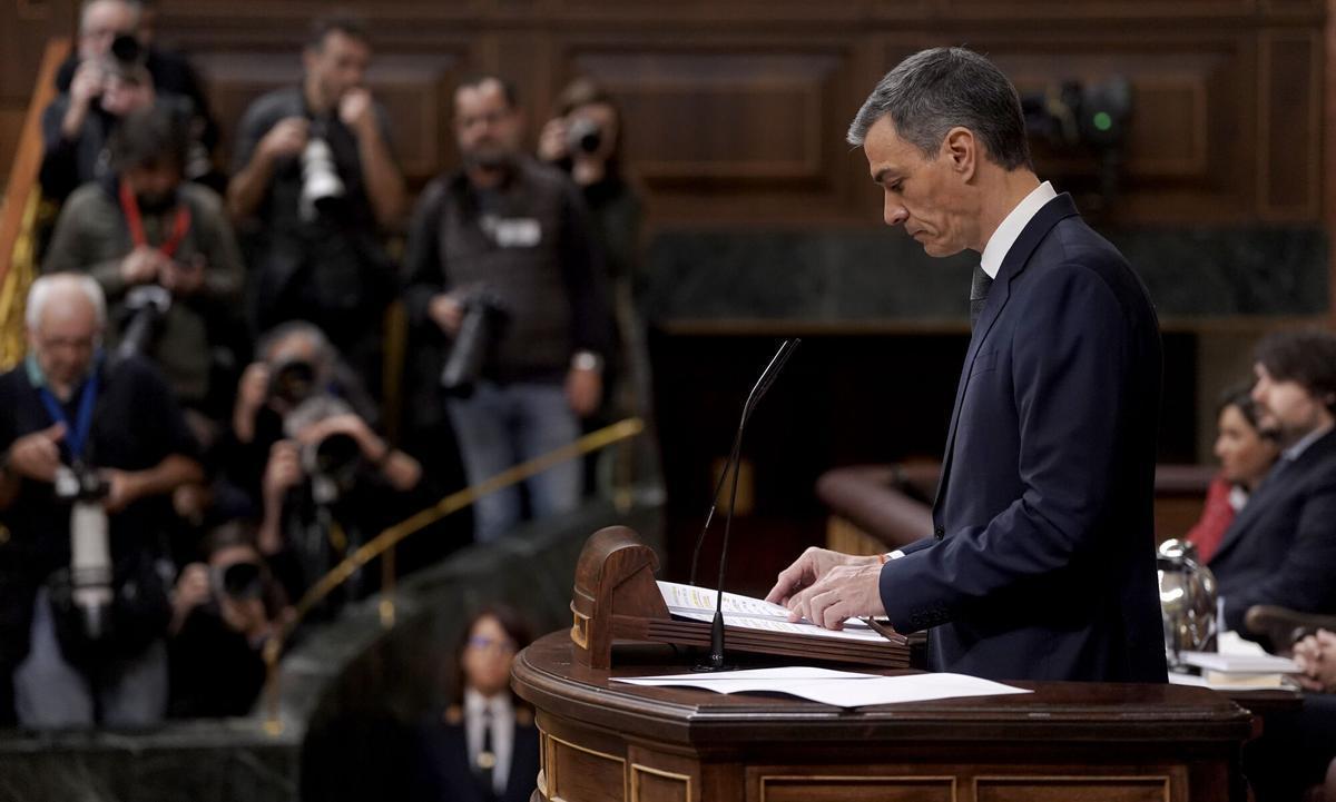 El president del Govern, Pedro Sánchez, durant la seva compareixença aquest dimecres al Congrés dels Diputats.