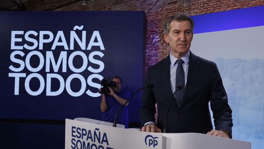 El líder del PP, Alberto Núñez Feijóo, durante su intervención este viernes en Madrid para realizar balance del año 2024.