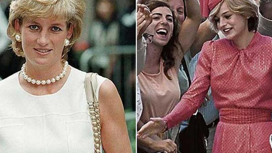 Links: Diana de Gales. Rechts: Die Schauspielerin Emma Corrin in der Rolle von Lady Di.