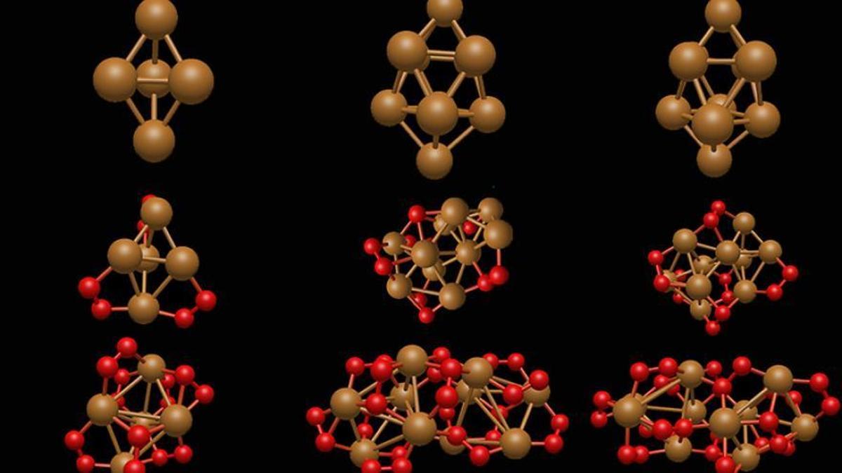 Detalle de agregados de metales de tamaño subnanométrico interaccionando con moléculas de oxígeno del medio ambiente.