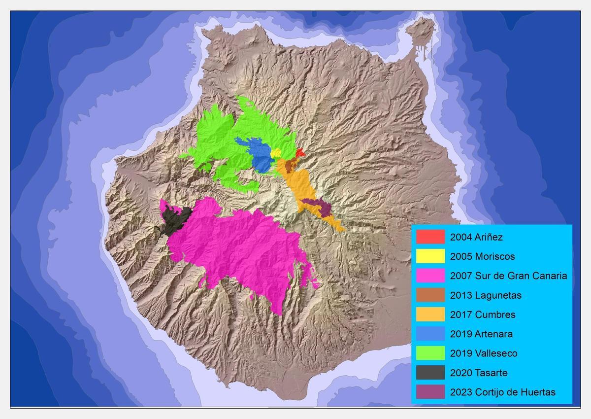 Grandes incendios en Gran Canaria durante este siglo en un gráfico elaborado por el Cabildo