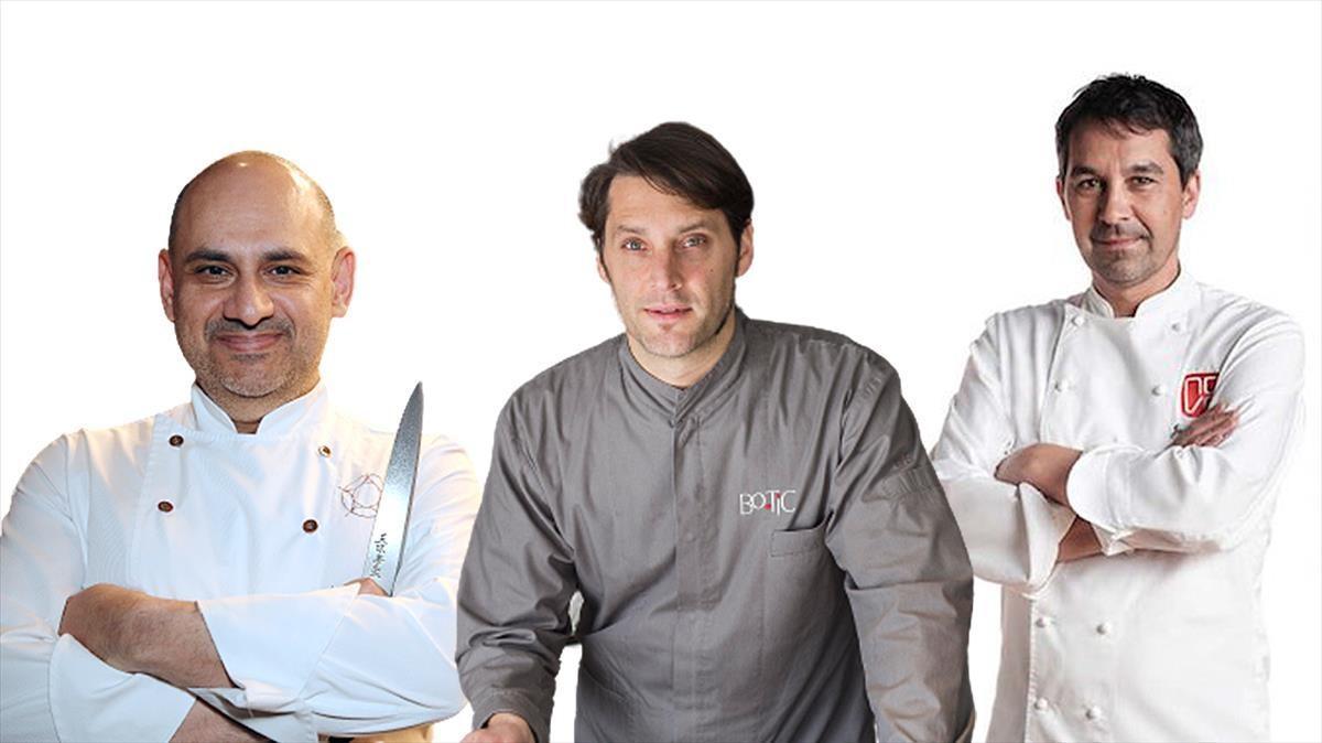 Jordi Artal (Cinc Sentits), Albert Sastregener (Bo.TiC) y Javier Olleros (Culler de Pau), chefs que acaban de recibir la segunda estrella Michelin por sus respectivos restaurantes.