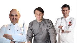 Jordi Artal (Cinc Sentits), Albert Sastregener (Bo.TiC) y Javier Olleros (Culler de Pau), chefs que acaban de recibir la segunda estrella Michelin por sus respectivos restaurantes.
