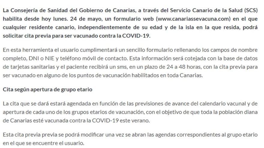 Nota informativa de la Consejería de Sanidad