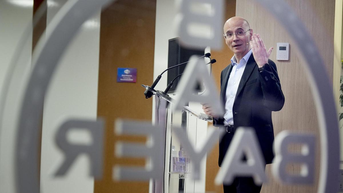 Jordi Sánchez, consejero delegado de Bayer Iberia y director de Farmacia, en la presentación de resultados de Bayer España