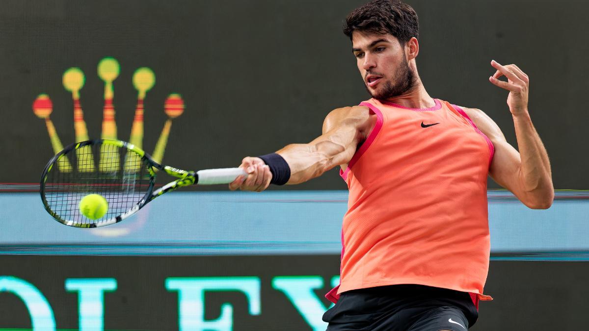 Carlos Alcaraz of Spain in action during his Men's Singles match against Juncheng Shang of China at the Shanghai Masters tennis tournament in Shanghai, China, 05 October 2024.