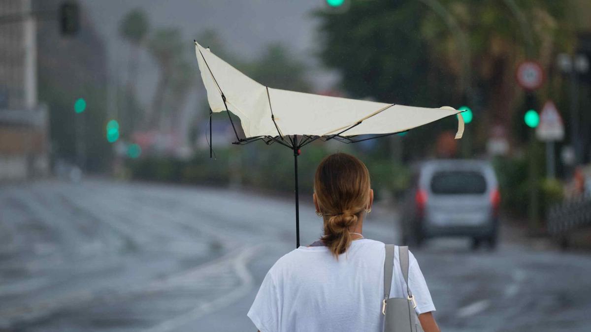 El paraguas de una mujer no resiste los fuertes vientos de la borrasca. | | CARSTEN W. LAURITSEN