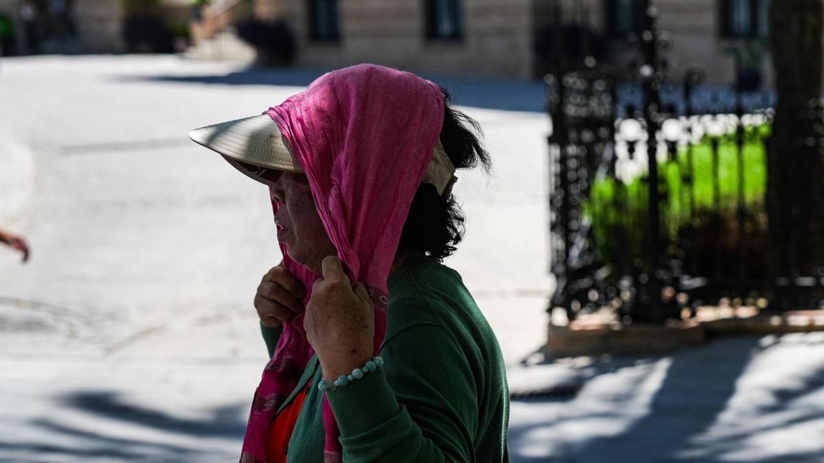 Turistas se protegen del calor por las calles de Sevilla.