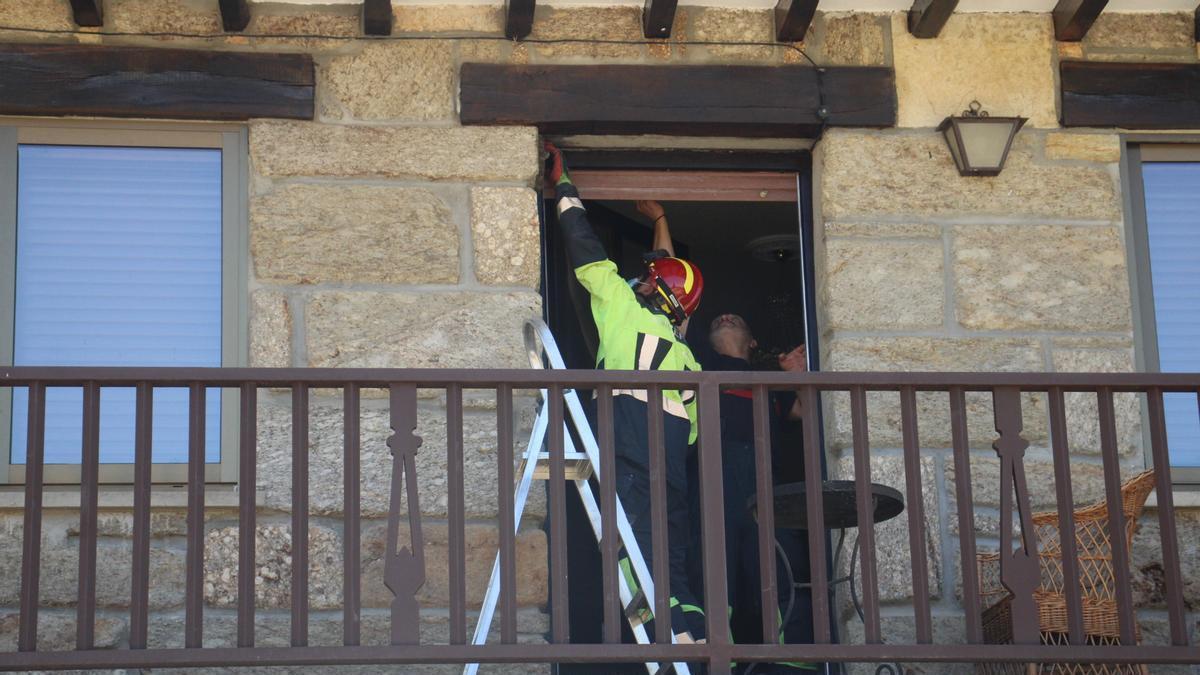 Bomberos durante la retirada de un nido de avispón auropeo en una vivienda en Palacios de Sanabria.