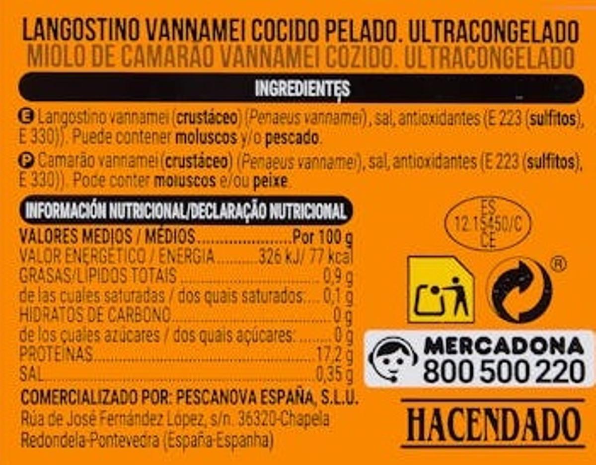 Referencia de langostino cocido y pelado de Mercadona y elaborado por Pescanova