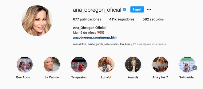 Detalle de la biografía de Ana Obregón en Instagram