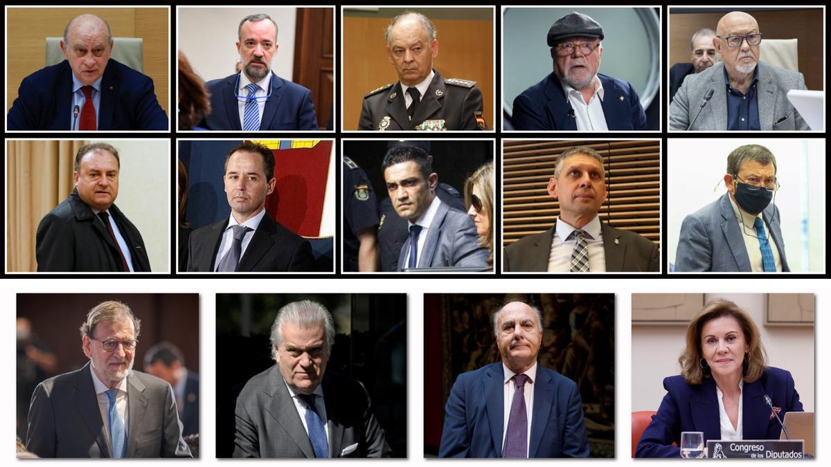 Jorge Fernández Díaz, Francisco Martínez, Eugenio Pino, José Manuel Villarejo, Marcelino Martín Blas, José Luis Olivera, Andrés Gomez Gordo, Sergio Ríos, José Ángel Fuentes Gago, Bonifacio Díaz Sevillano. Abajo, Mariano Rajoy, Luis Bárcenas, Manuel García-Castellón y María Dolores de Cospedal