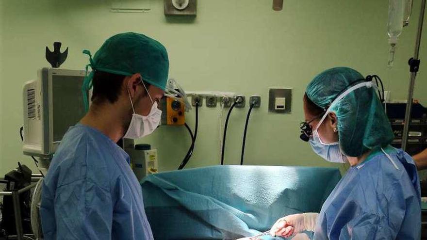 Dos profesionales, operando en el quirófano.