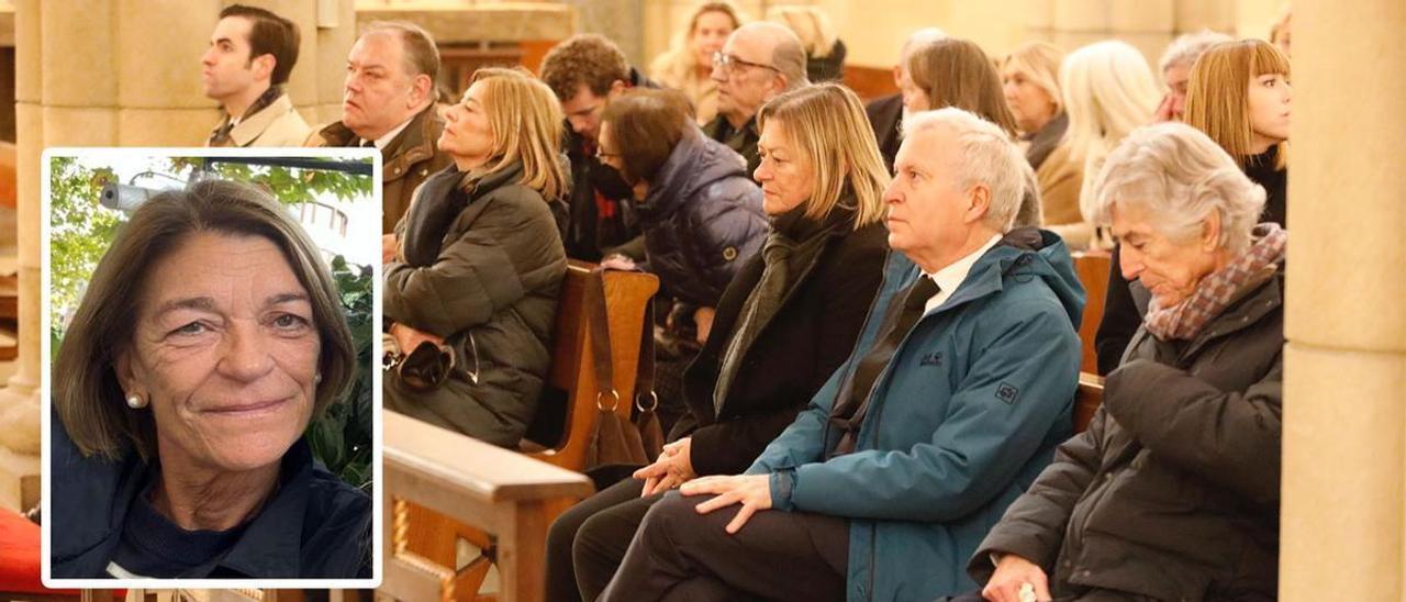 Por la izquierda, en primera fila, Alejandro Saralegui (sobrino de Pepa Telenti), Jorge, Ana y Carmen (hermanos), Juan Álvarez Llera (cuñado) y Miguel Fanjul de Viedma (viudo), ayer, en la iglesia de San Pedro. En el recuadro, Pepa Telenti