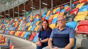 Ester Roca i Xavi Gonzàlez, directors del Concurs de Castells de Tarragona, a la Tarraco Arena Plaça, escenari de lespectacle casteller.