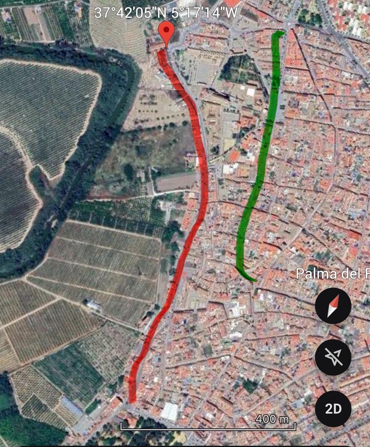 Cortes de calle (en rojo) y aperturas (en verde) al tráfico en Palma del Río.