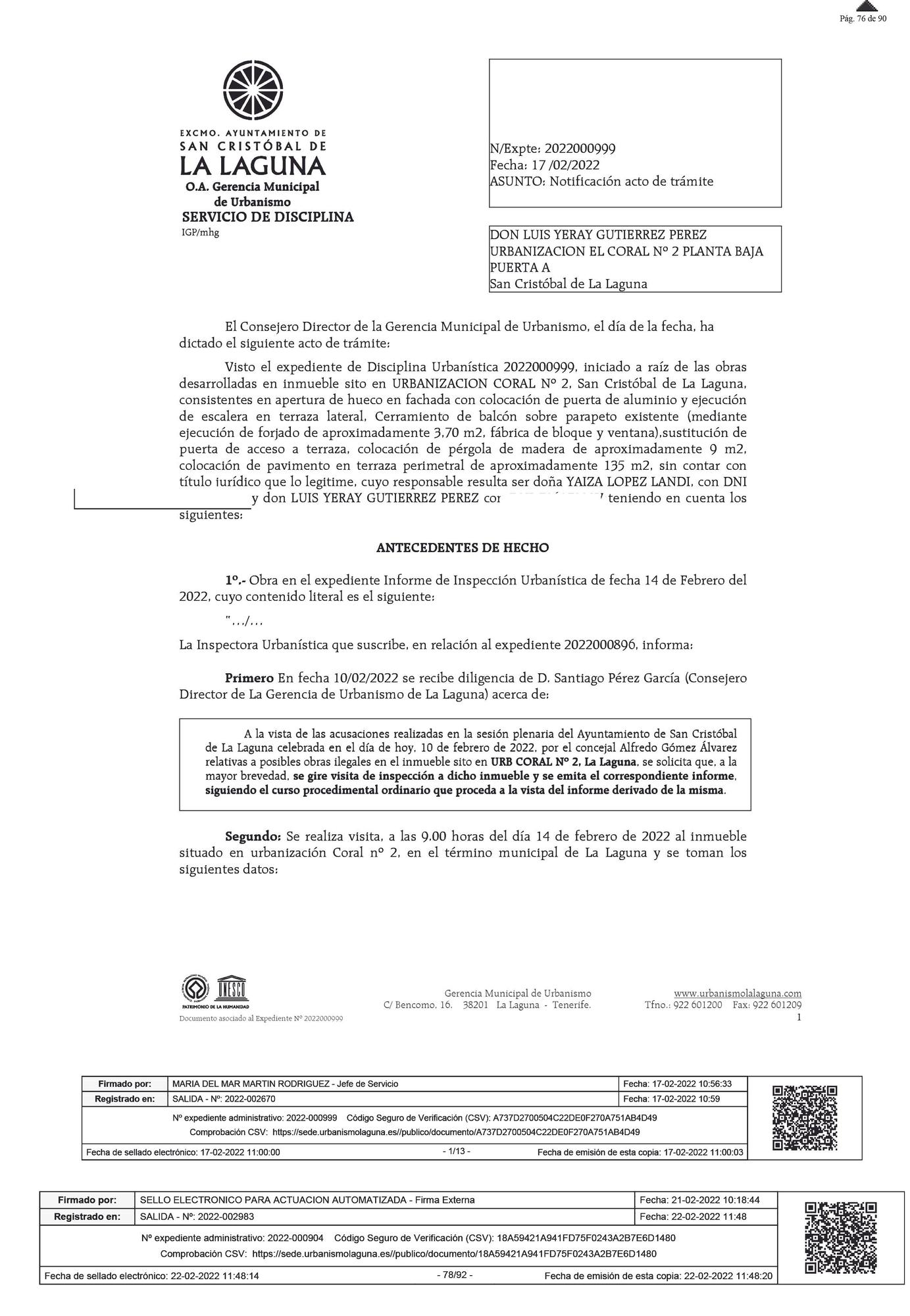 Inspección Urbanística confirma las obras ilegales en la vivienda del alcalde