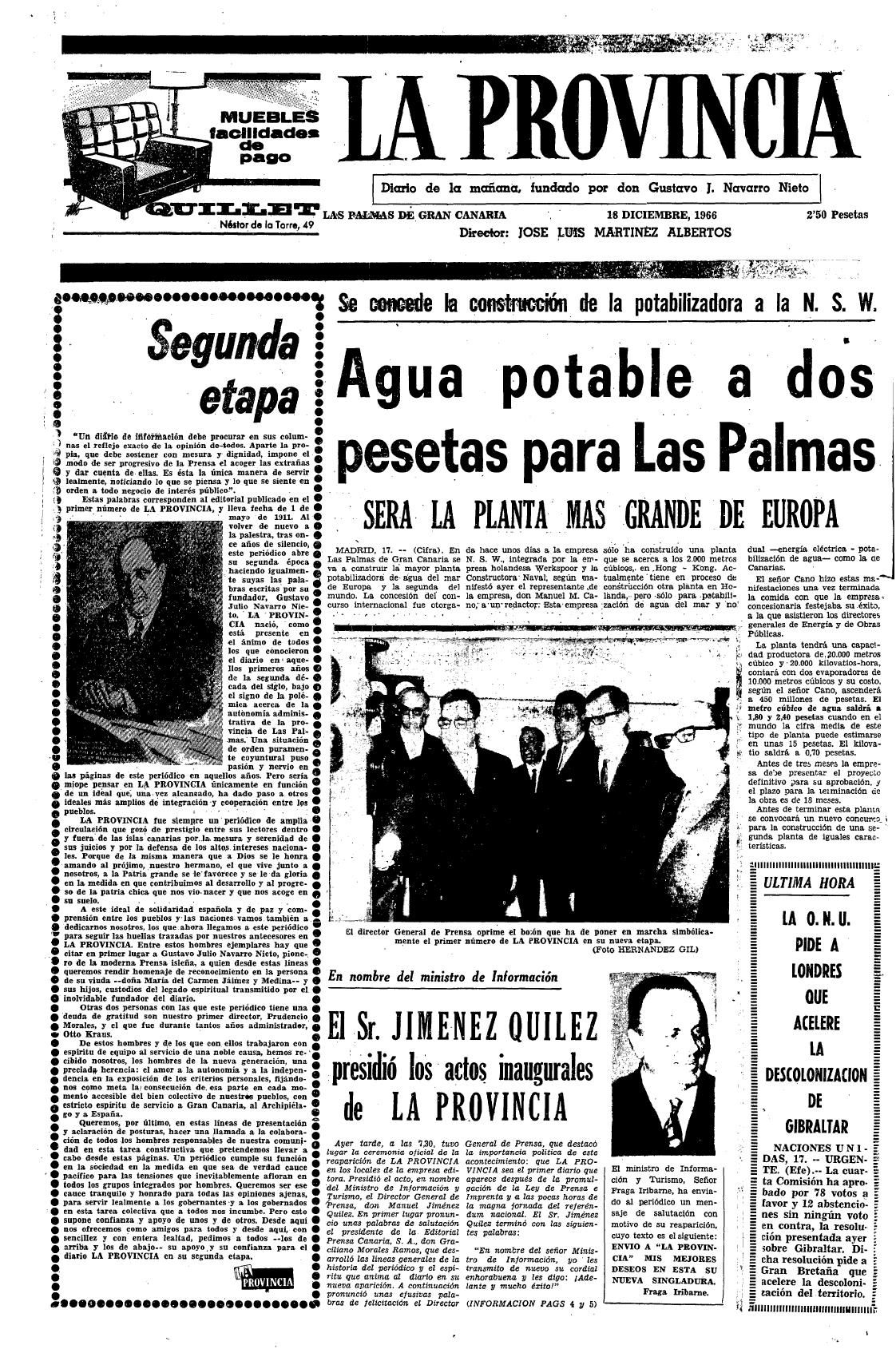PORTADA DEL 18 DE DICIEMBRE DE 1966, FECHA DE LA REAPARICIÓN DEL DIARIO DESPUÉS DE UN SILENCIO DE MÁS DE ONCE AÑOS.