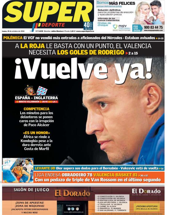 Portada SUPERDEPORTE lunes 15 de octubre de 2018