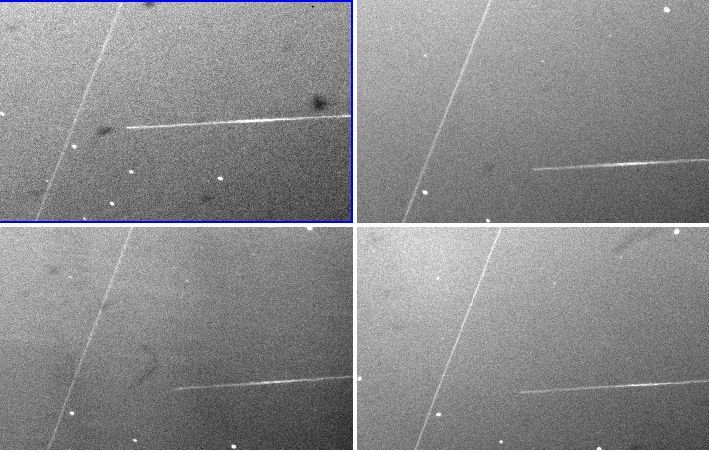Imágenes del paso de un satélite Oneweb por el campo del Telescopio Carlos Sánchez en cuatro bandas del visible diferentes (desde el azul, arriba a la izquierda, al rojo, abajo a la derecha).