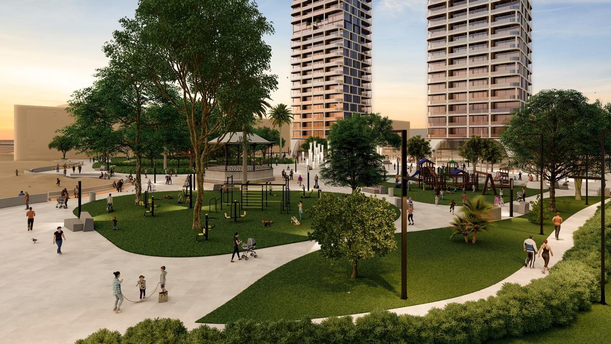 Aspecto del parque reconvertido en plaza del plan urbanístico, sin vallado
