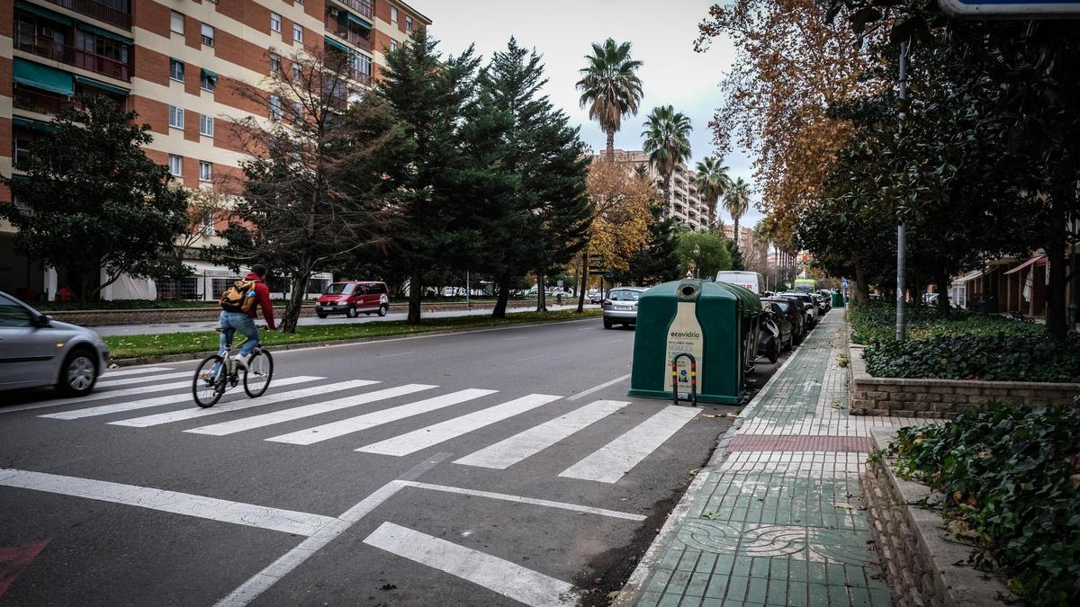 Un ciclista circula por la carretera en lugar de por el carril bici de Sinforiano Madroñero, que está pintado de verde en la acera.