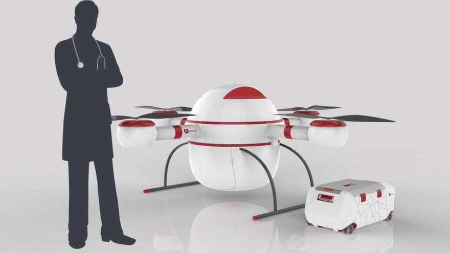 Maqueta del dron diseñado con la nevera portátil para unidades de transplantes de órganos.