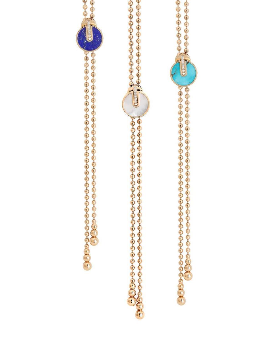 Collares en oro rosa de 18kt con cremallera redonda de diamantes y lapislázuli, turquesa o nácar, de la colección 'Art Deco' de Roberto Coin