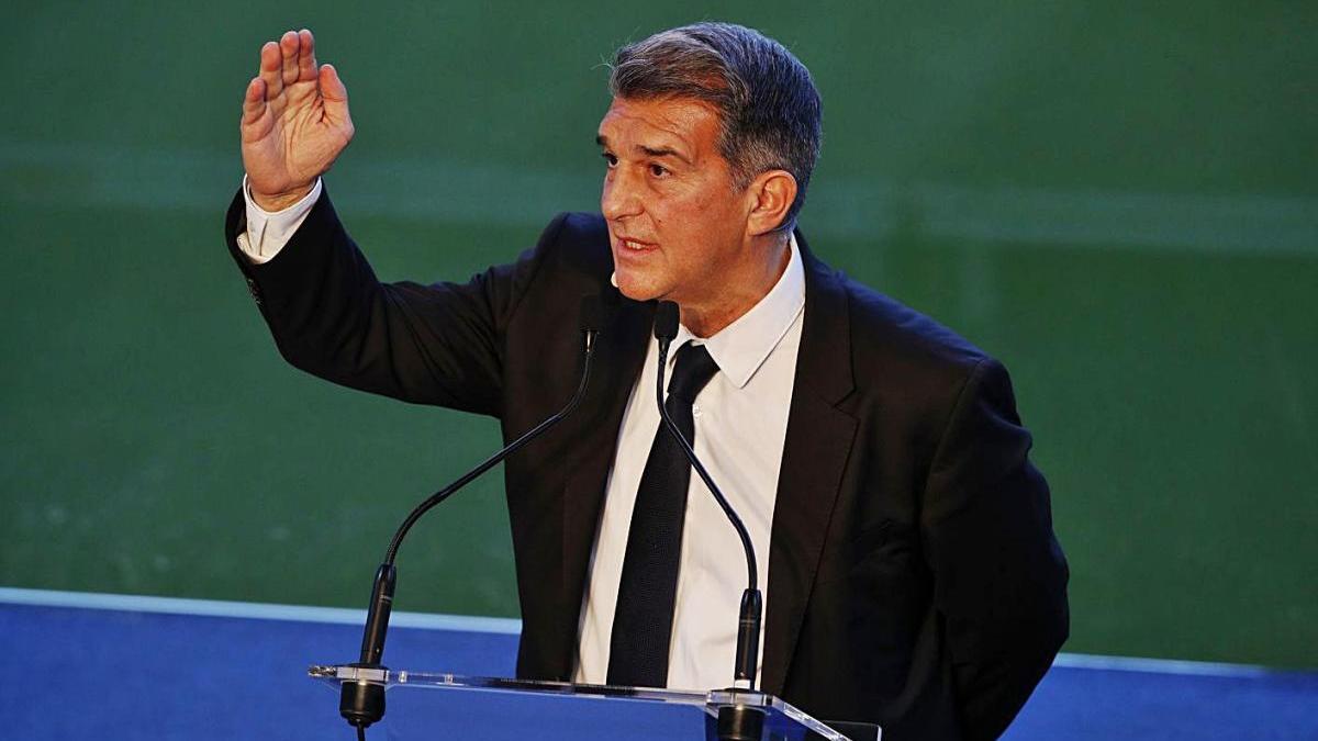 Joan Laporta, durant el seu discurs d&#039;ahir al Camp Nou.