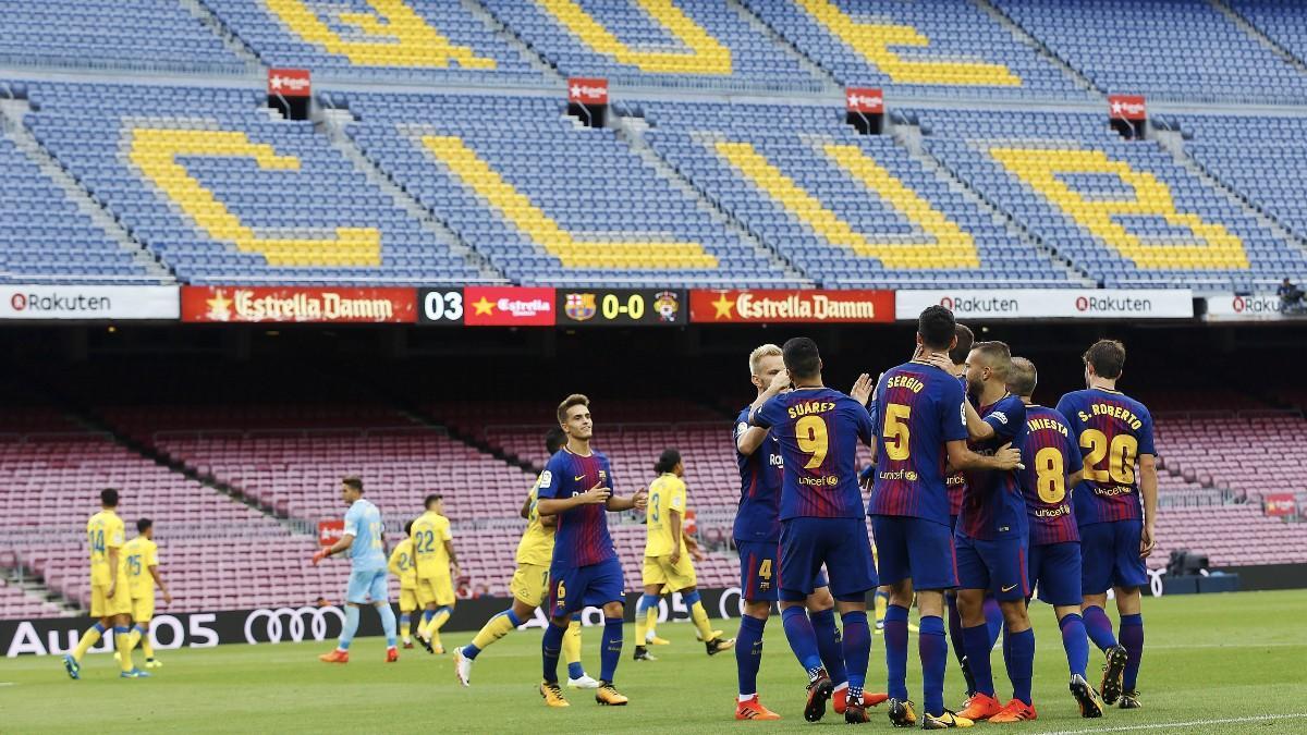 El Barça celebra un gol anotado a Las Palmas el 1 de octubre de 2017