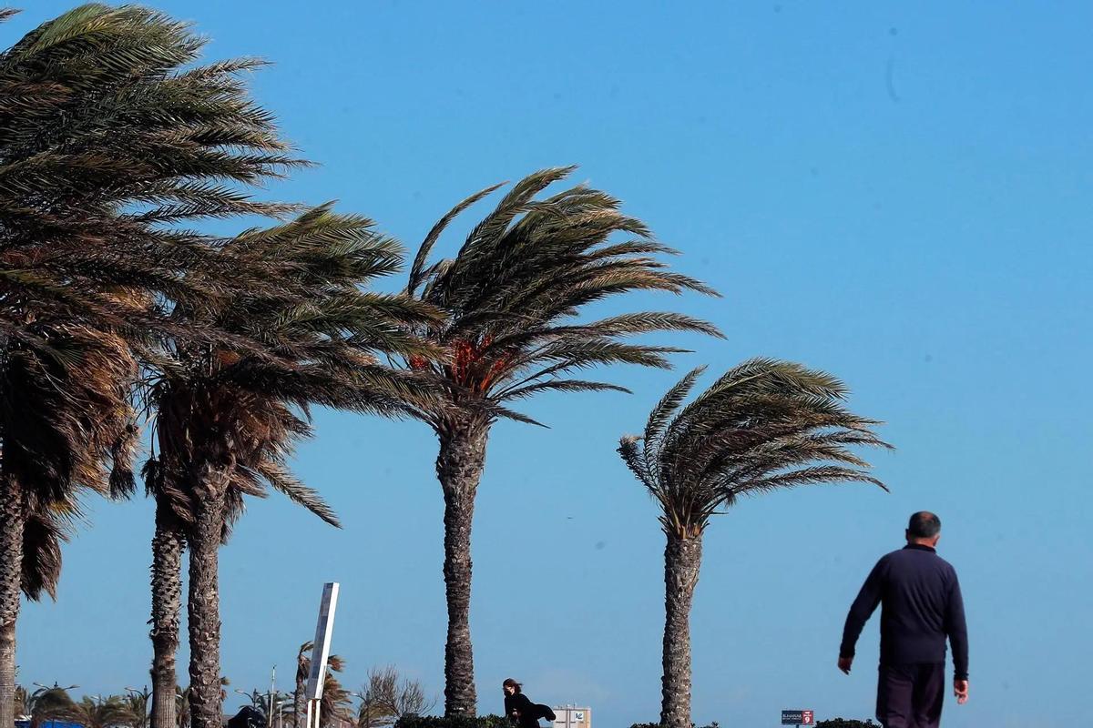Un hombre pasea bajo un fuerte viento en una imagen de archivo.