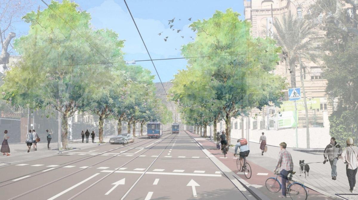 Imagen virtual de la futura avenida del Tibidabo, con las vías al otro lado de la calle