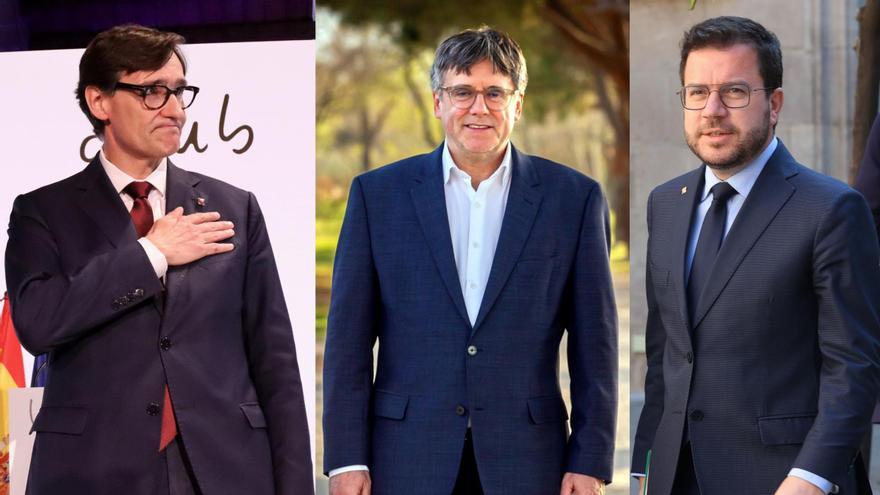 Salvador Illa, Carles Puigdemont i Pere Aragonès, candidats de PSC, Junts i ERC a les eleccions del 12-M